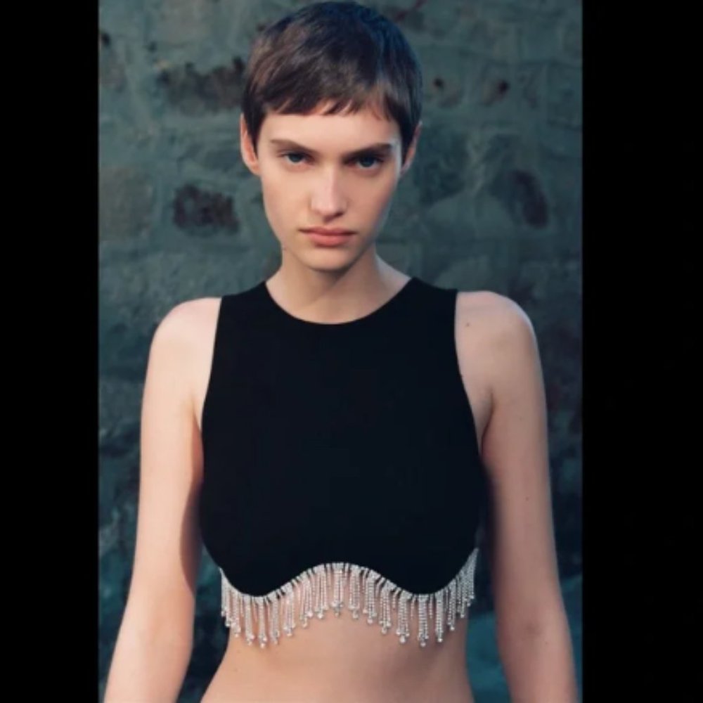 Zara Seamless Rhinestone Crop Top Black Sz XS/S, M/L NWT